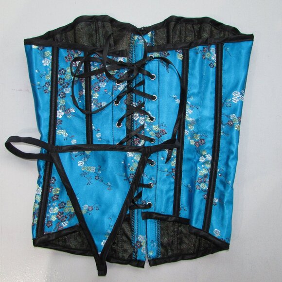 Blue Black Asian Themed Boned Corset Set - NEW - Picture 6 of 8
